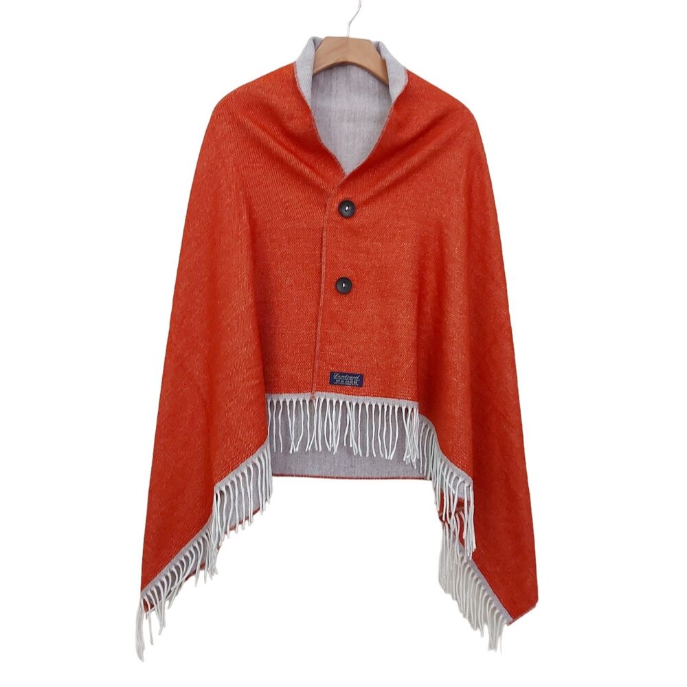 Lambswool Shawl Cape Poncho Womens Small Orange Gray Reversible Two Button Knit